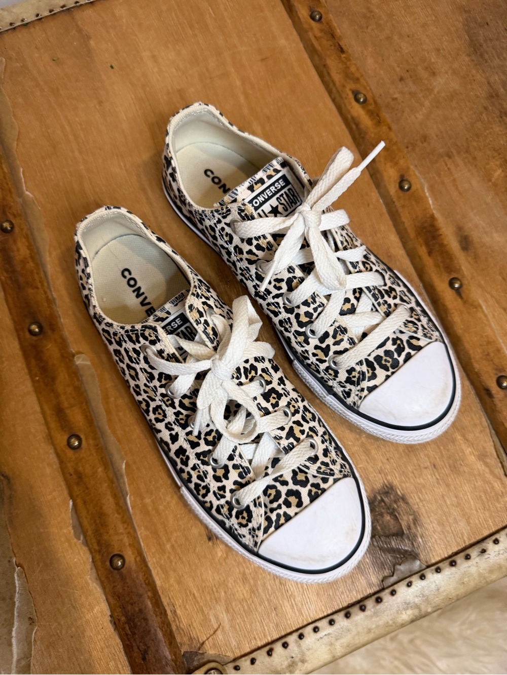 Converse Low Top Leopard Print Sneakers - White/Beige/Black, kids size 3